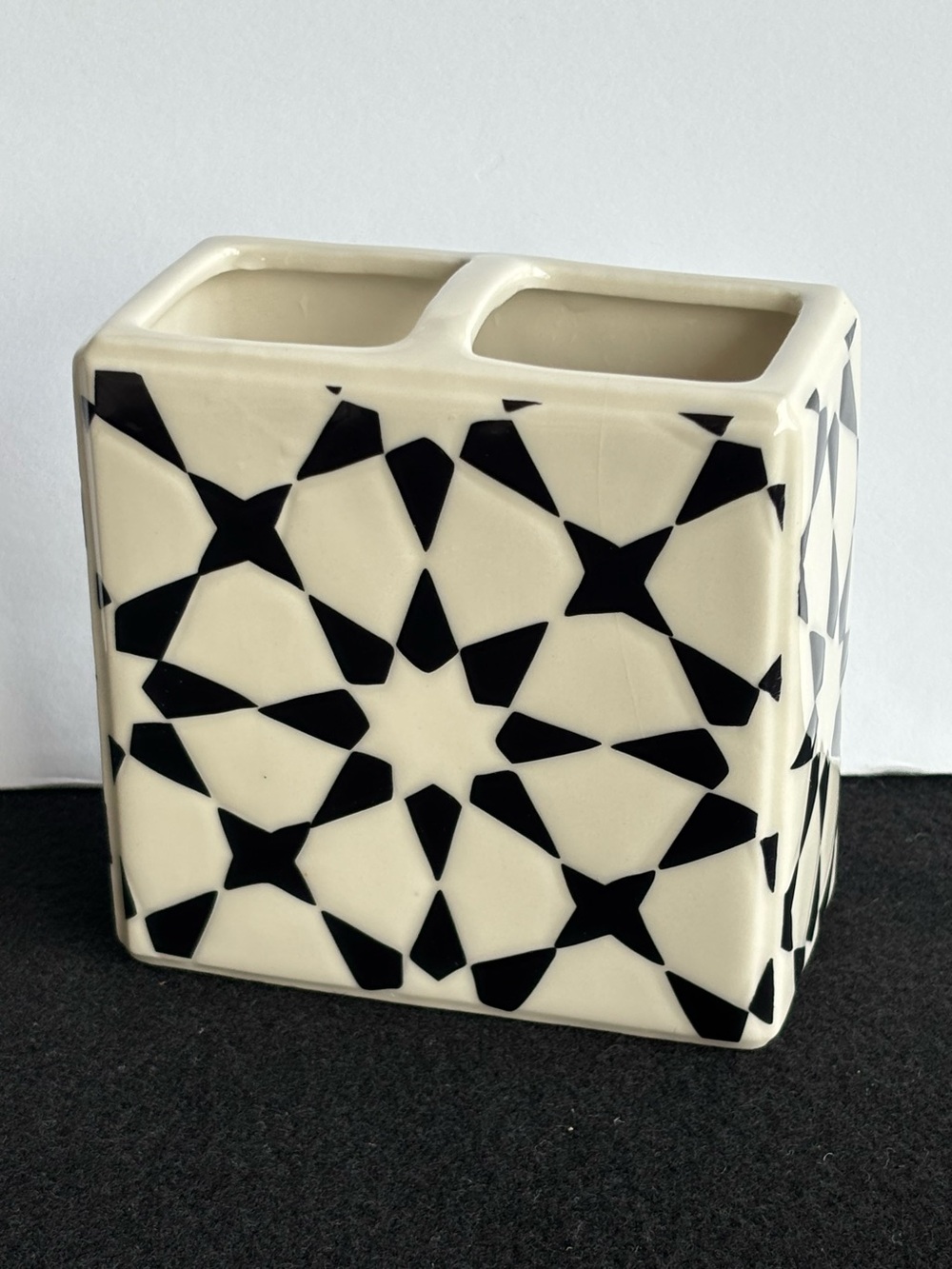 Ceramic Geometric Double Vase - Black and Cream